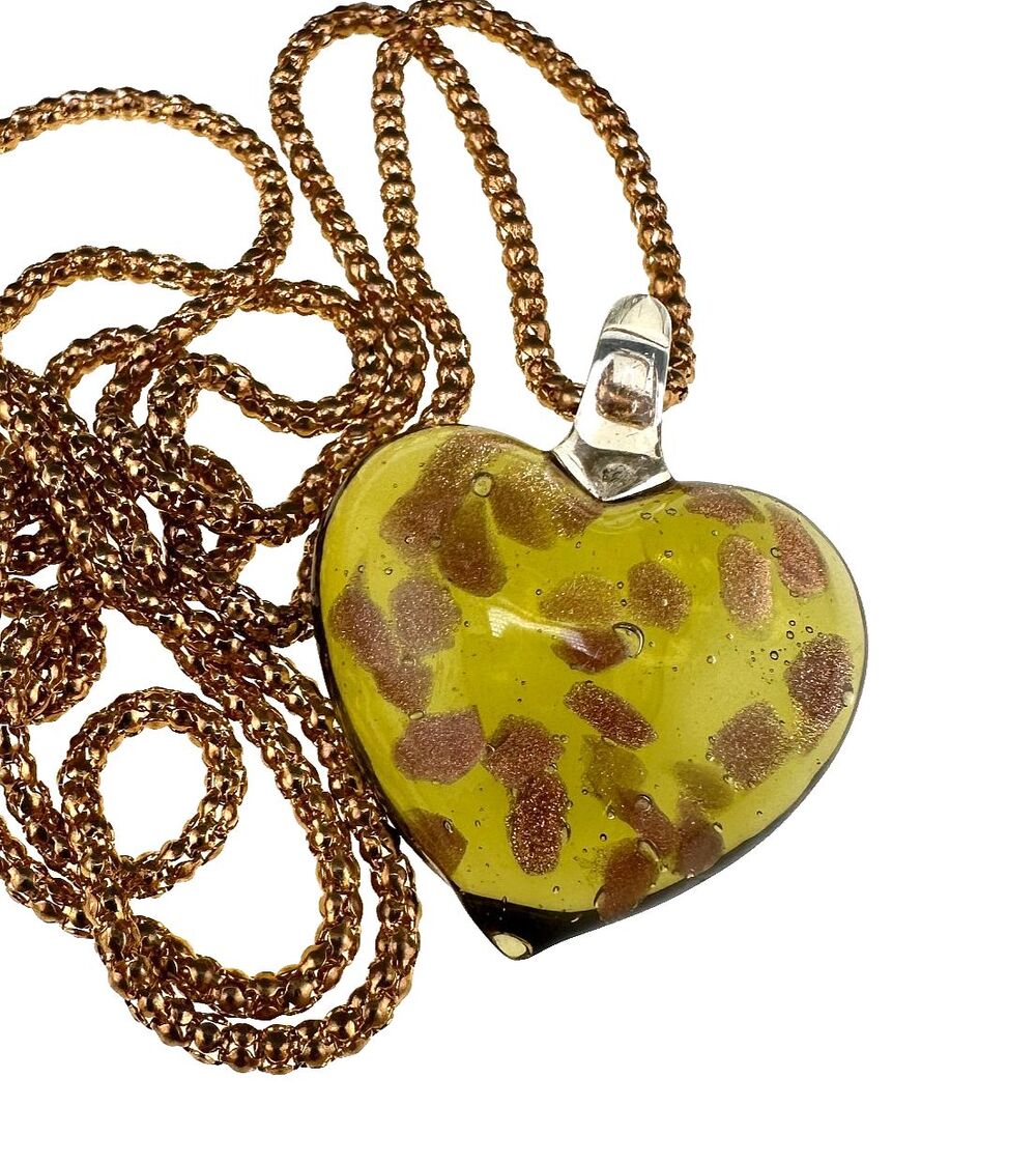 Vintage Glass Heart Pendant Necklace Olive Green Goldstone Artisan 32" Chain